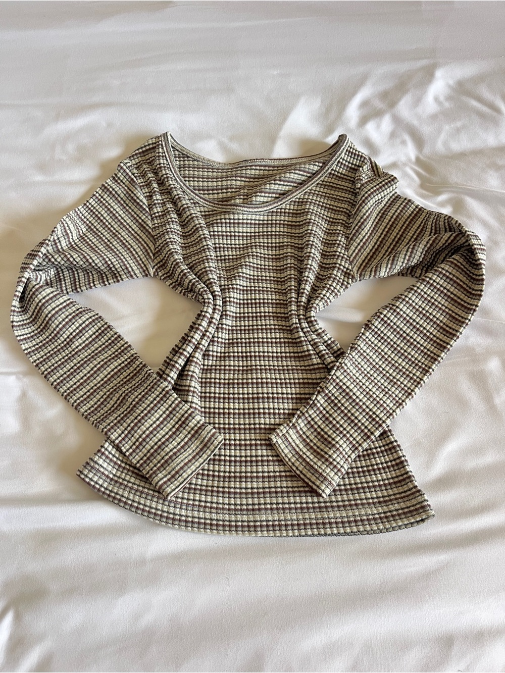 Vintage Style Cream & Brown Striped Ribbed Long Sleeve Scoop Neck Top